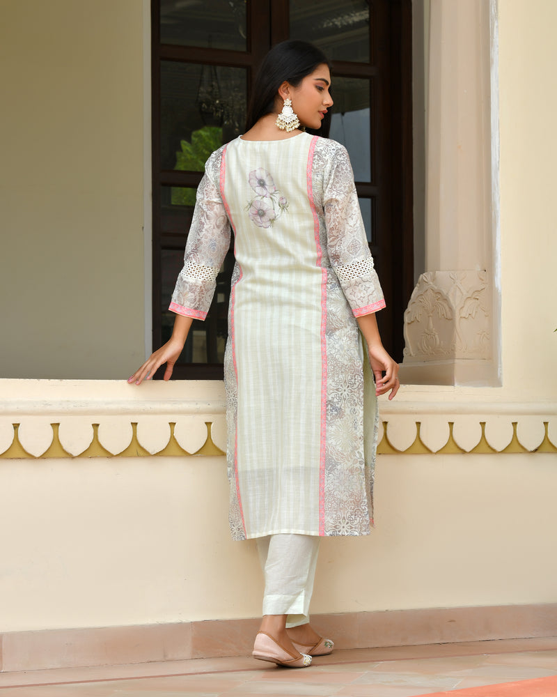 (Vaasva) Women pink linen kurta with cotton pant & dupatta (Set of 5pc)