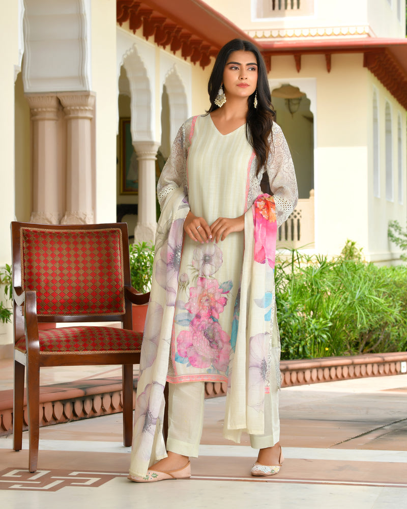 (Vaasva) Women pink linen kurta with cotton pant & dupatta (Set of 5pc)