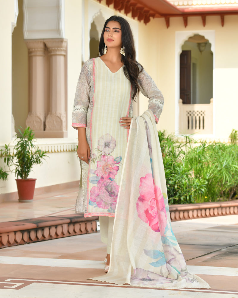 (Vaasva) Women pink linen kurta with cotton pant & dupatta (Set of 5pc)