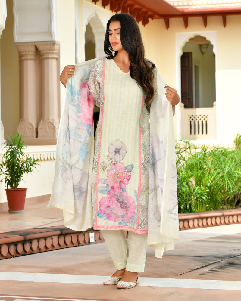 (Vaasva) Women pink linen kurta with cotton pant & dupatta (Set of 5pc)