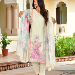 (Vaasva) Women pink linen kurta with cotton pant & dupatta (Set of 5pc)
