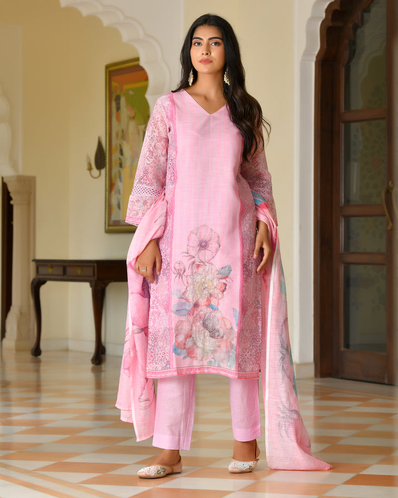 (Vaasva) Women palegreen linen kurta with cotton pant & dupatta (Set of 5pc)