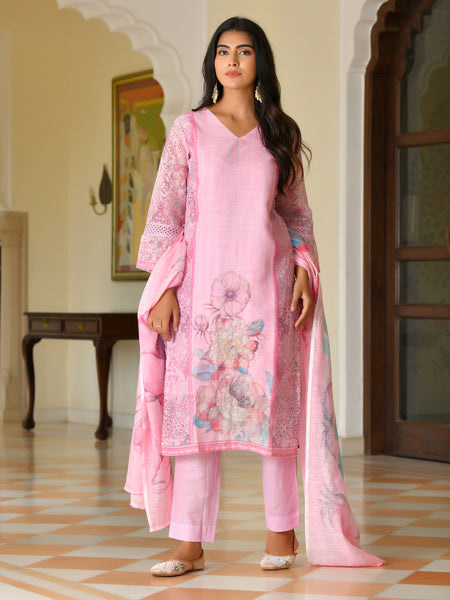 (Vaasva) Women palegreen linen kurta with cotton pant & dupatta (Set of 5pc)