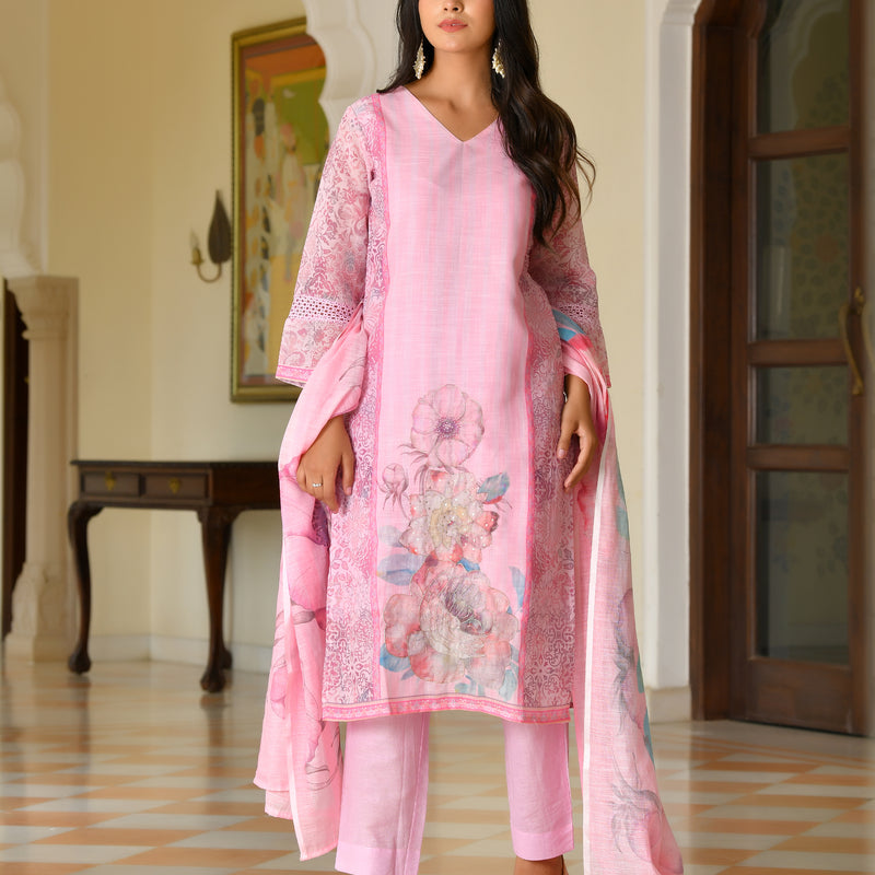 (Vaasva) Women palegreen linen kurta with cotton pant & dupatta (Set of 5pc)