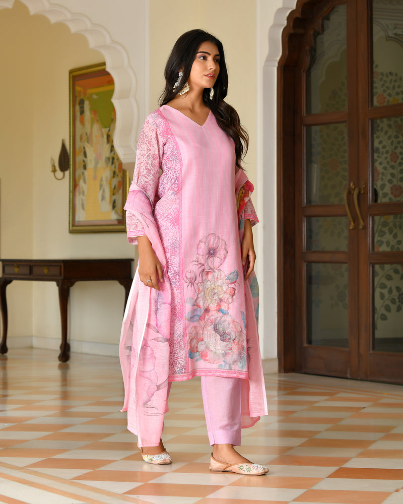 (Vaasva) Women palegreen linen kurta with cotton pant & dupatta (Set of 5pc)