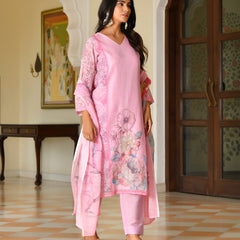 (Vaasva) Women palegreen linen kurta with cotton pant & dupatta (Set of 5pc)