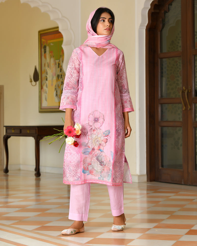 (Vaasva) Women palegreen linen kurta with cotton pant & dupatta (Set of 5pc)