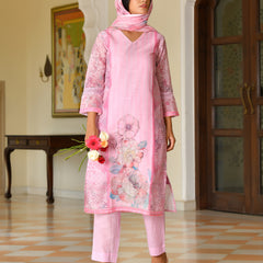 (Vaasva) Women palegreen linen kurta with cotton pant & dupatta (Set of 5pc)
