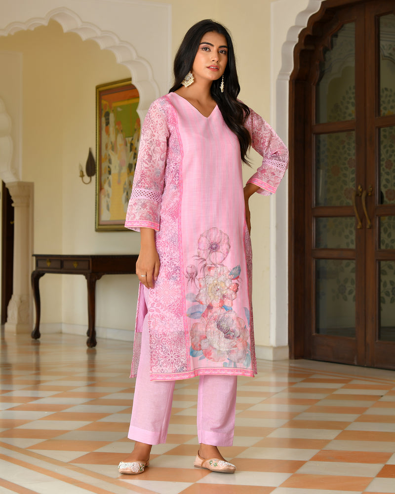 (Vaasva) Women palegreen linen kurta with cotton pant & dupatta (Set of 5pc)