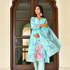 (Vaasva) Women Ivory linen kurta with cotton pant & dupatta (Set of 5pc)
