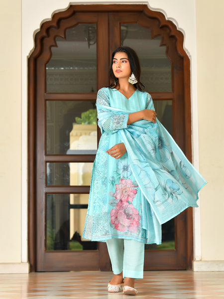 (Vaasva) Women Ivory linen kurta with cotton pant & dupatta (Set of 5pc)