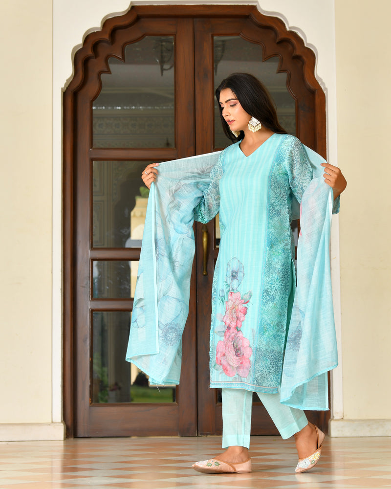 (Vaasva) Women Ivory linen kurta with cotton pant & dupatta (Set of 5pc)