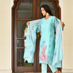 (Vaasva) Women Ivory linen kurta with cotton pant & dupatta (Set of 5pc)