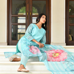 (Vaasva) Women Ivory linen kurta with cotton pant & dupatta (Set of 5pc)