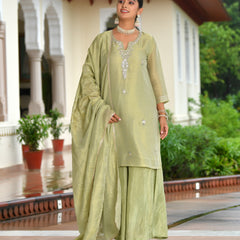 (Vaasva) Women Pink tissue shimmer kurta with Opada silk sharara pant & dupatta (Set of 5pc)