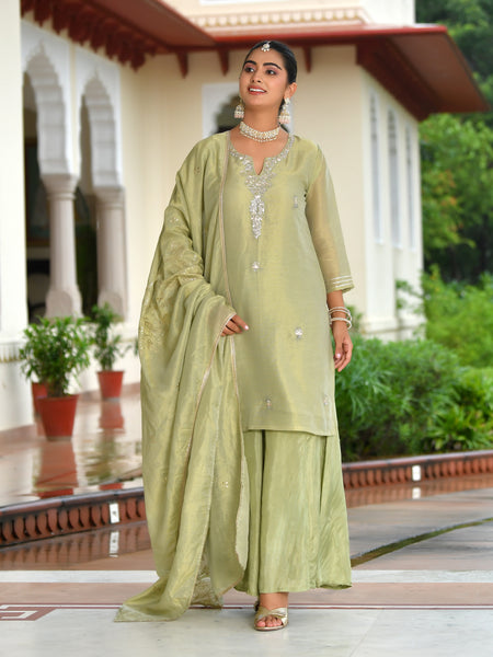 (Vaasva) Women Pink tissue shimmer kurta with Opada silk sharara pant & dupatta (Set of 5pc)
