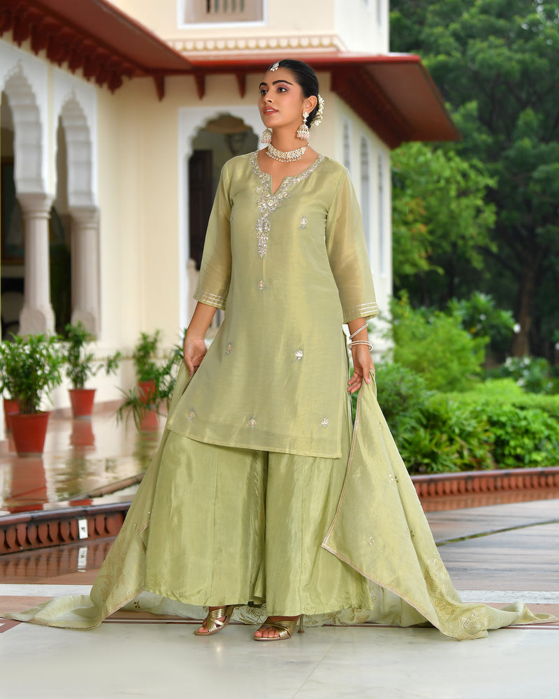 (Vaasva) Women Pink tissue shimmer kurta with Opada silk sharara pant & dupatta (Set of 5pc)