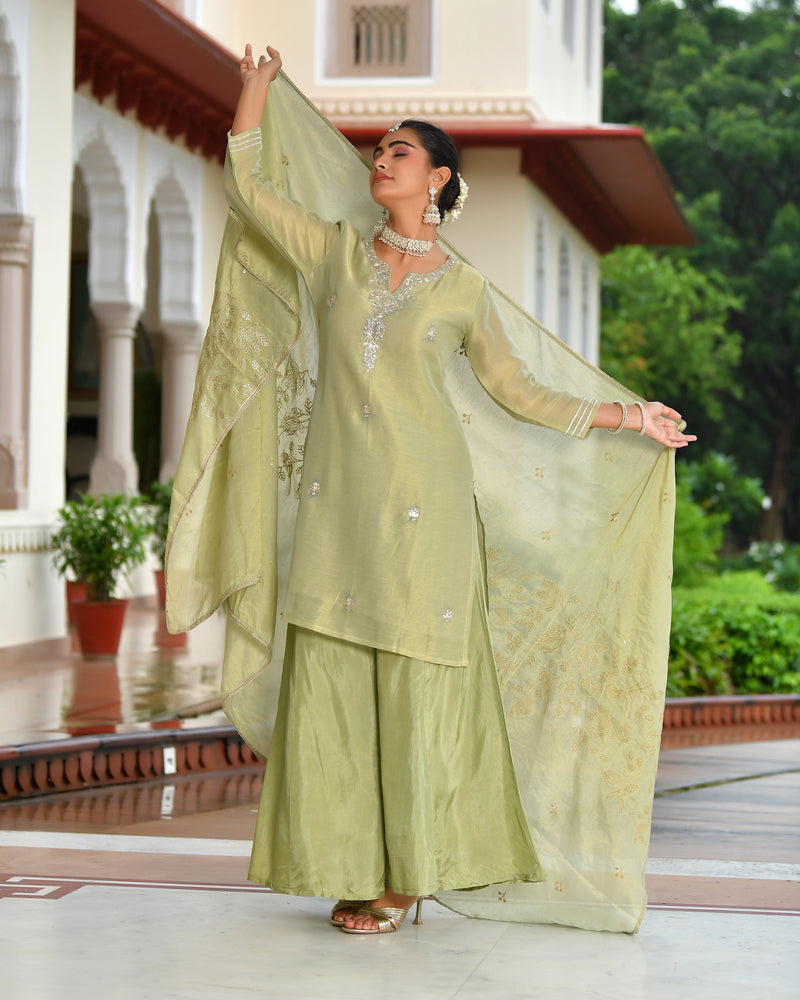 (Vaasva) Women Pink tissue shimmer kurta with Opada silk sharara pant & dupatta (Set of 5pc)