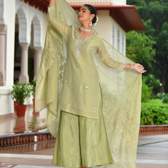 (Vaasva) Women Pink tissue shimmer kurta with Opada silk sharara pant & dupatta (Set of 5pc)