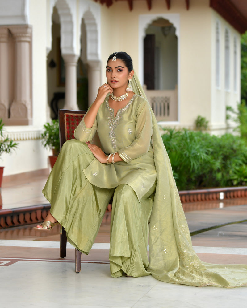 (Vaasva) Women Pink tissue shimmer kurta with Opada silk sharara pant & dupatta (Set of 5pc)
