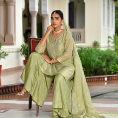 (Vaasva) Women Pink tissue shimmer kurta with Opada silk sharara pant & dupatta (Set of 5pc)