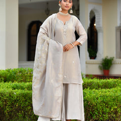 (Vaasva) Women Pink tissue shimmer kurta with Opada silk sharara pant & dupatta (Set of 5pc)