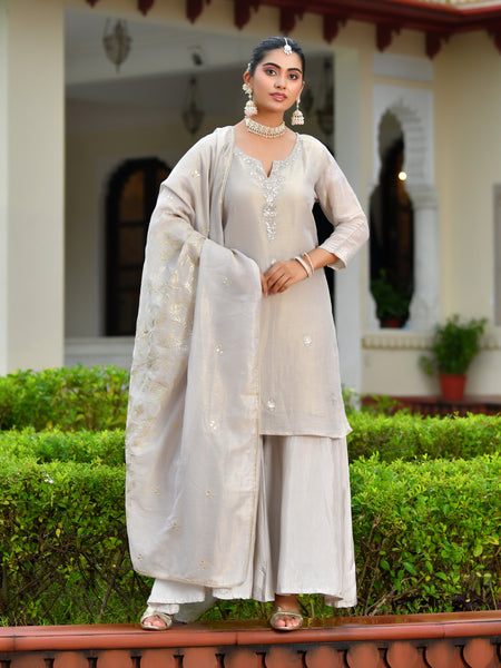 (Vaasva) Women Pink tissue shimmer kurta with Opada silk sharara pant & dupatta (Set of 5pc)