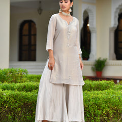 (Vaasva) Women Pink tissue shimmer kurta with Opada silk sharara pant & dupatta (Set of 5pc)