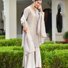 (Vaasva) Women Pink tissue shimmer kurta with Opada silk sharara pant & dupatta (Set of 5pc)