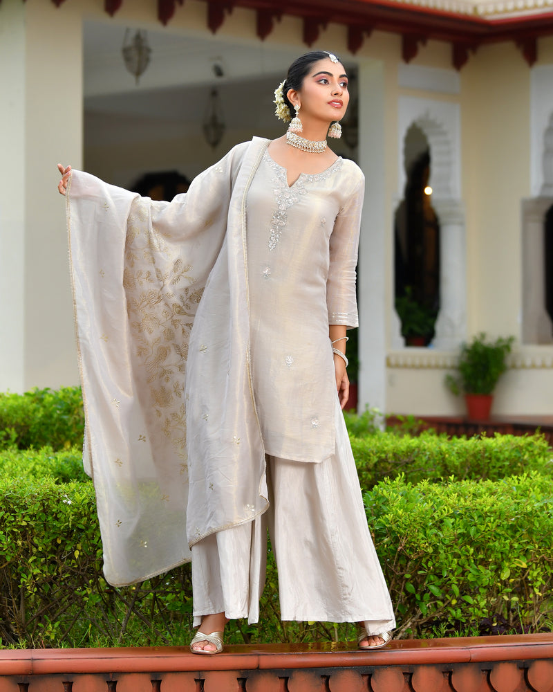 (Vaasva) Women Pink tissue shimmer kurta with Opada silk sharara pant & dupatta (Set of 5pc)