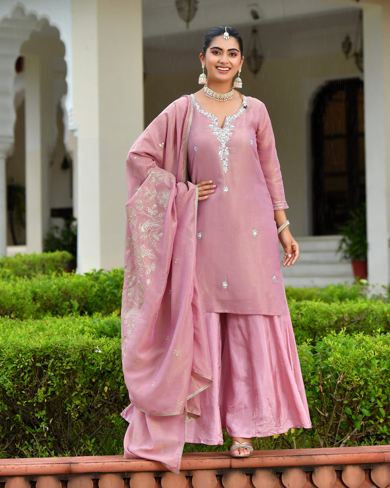 (Vaasva) Women Pink tissue shimmer kurta with Opada silk sharara pant & dupatta (Set of 5pc)