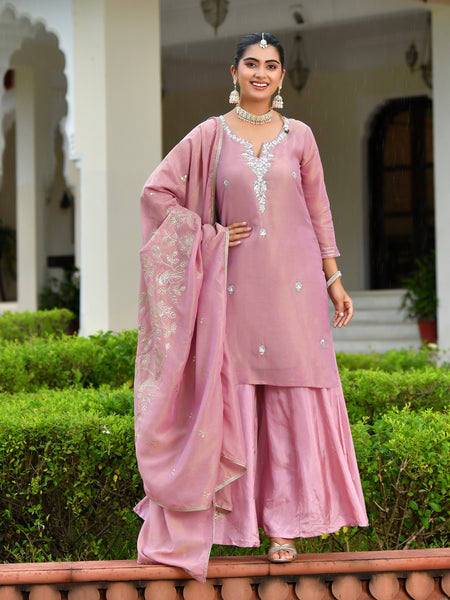 (Vaasva) Women Pink tissue shimmer kurta with Opada silk sharara pant & dupatta (Set of 5pc)