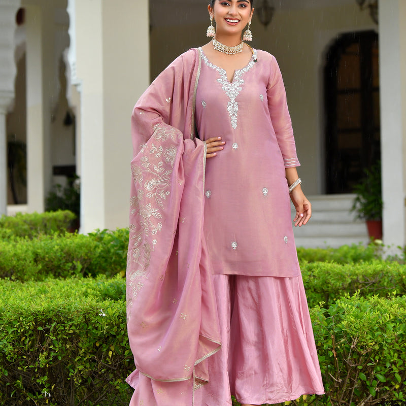 (Vaasva) Women Pink tissue shimmer kurta with Opada silk sharara pant & dupatta (Set of 5pc)