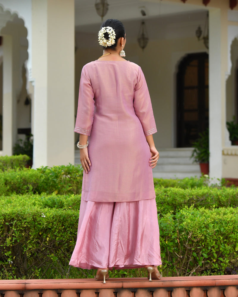 (Vaasva) Women Pink tissue shimmer kurta with Opada silk sharara pant & dupatta (Set of 5pc)