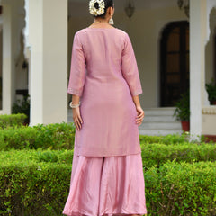 (Vaasva) Women Pink tissue shimmer kurta with Opada silk sharara pant & dupatta (Set of 5pc)