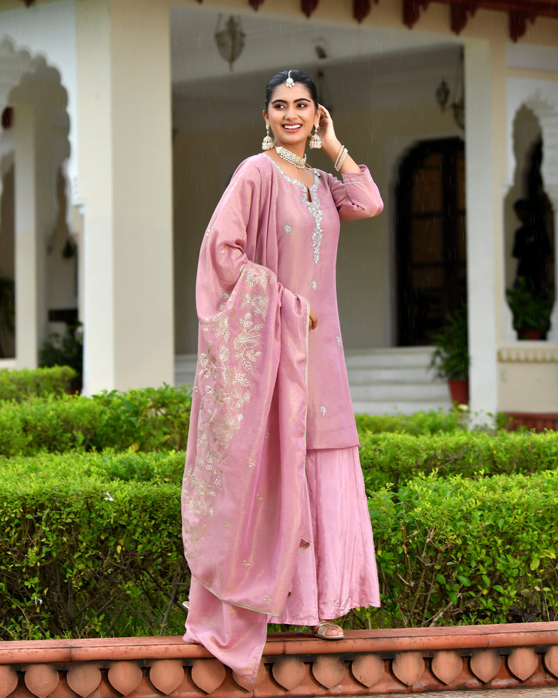 (Vaasva) Women Pink tissue shimmer kurta with Opada silk sharara pant & dupatta (Set of 5pc)