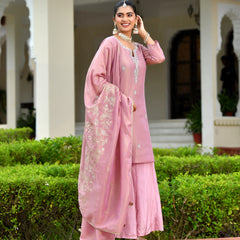 (Vaasva) Women Pink tissue shimmer kurta with Opada silk sharara pant & dupatta (Set of 5pc)
