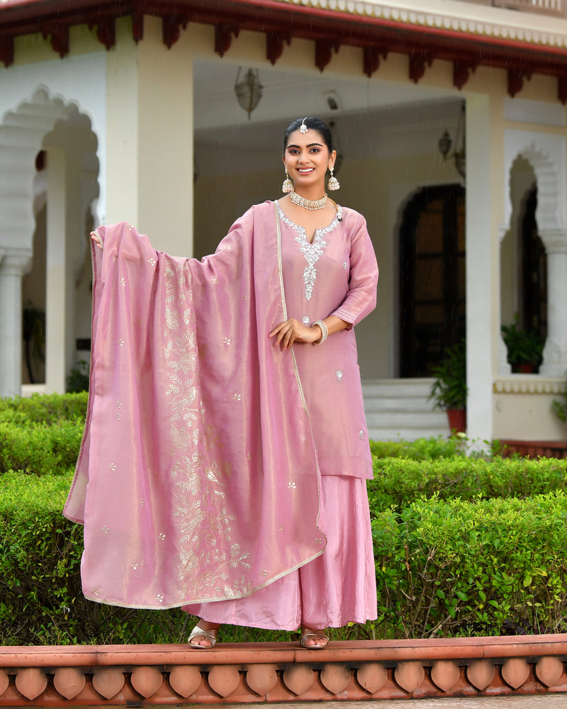 (Vaasva) Women Pink tissue shimmer kurta with Opada silk sharara pant & dupatta (Set of 5pc)