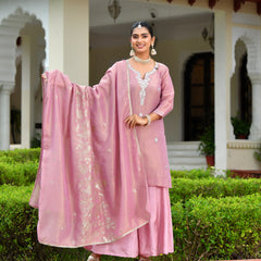 (Vaasva) Women Pink tissue shimmer kurta with Opada silk sharara pant & dupatta (Set of 5pc)