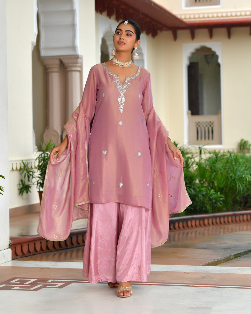(Vaasva) Women Pink tissue shimmer kurta with Opada silk sharara pant & dupatta (Set of 5pc)
