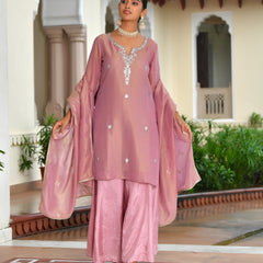 (Vaasva) Women Pink tissue shimmer kurta with Opada silk sharara pant & dupatta (Set of 5pc)
