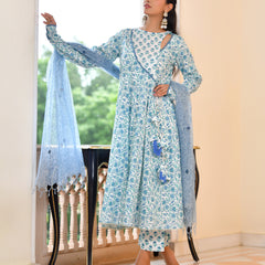 (Vaasva) Women Blue cotton anarkali suit with cotton pant & dupatta (Set of 5pc)