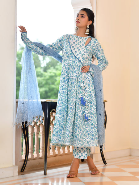 (Vaasva) Women Blue cotton anarkali suit with cotton pant & dupatta (Set of 5pc)