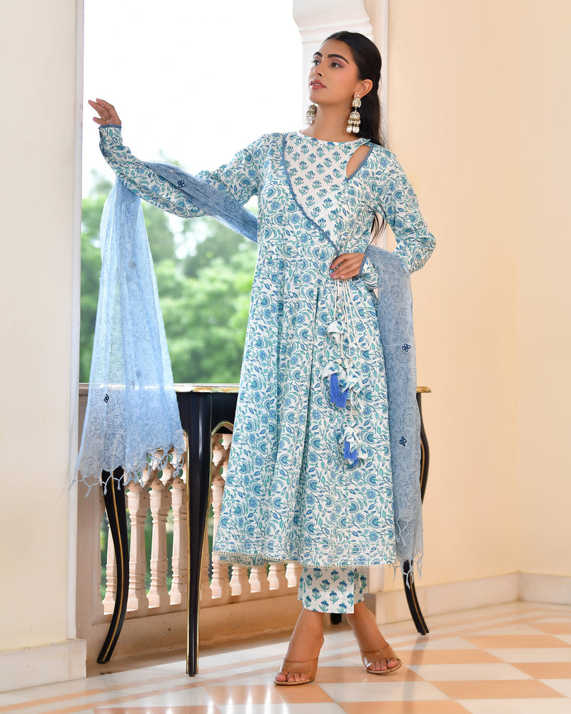 (Vaasva) Women Blue cotton anarkali suit with cotton pant & dupatta (Set of 5pc)