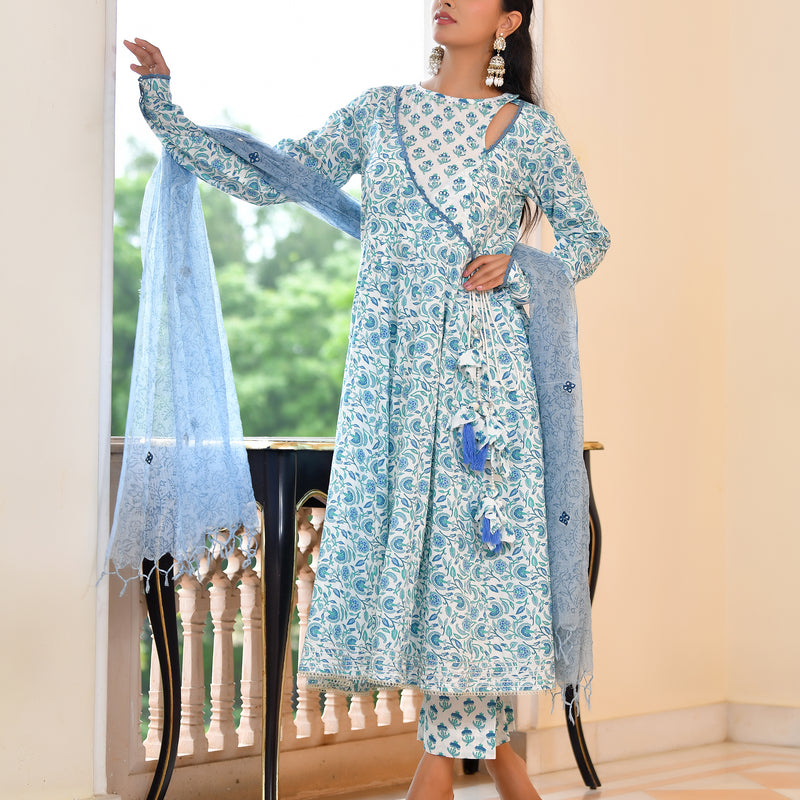 (Vaasva) Women Blue cotton anarkali suit with cotton pant & dupatta (Set of 5pc)