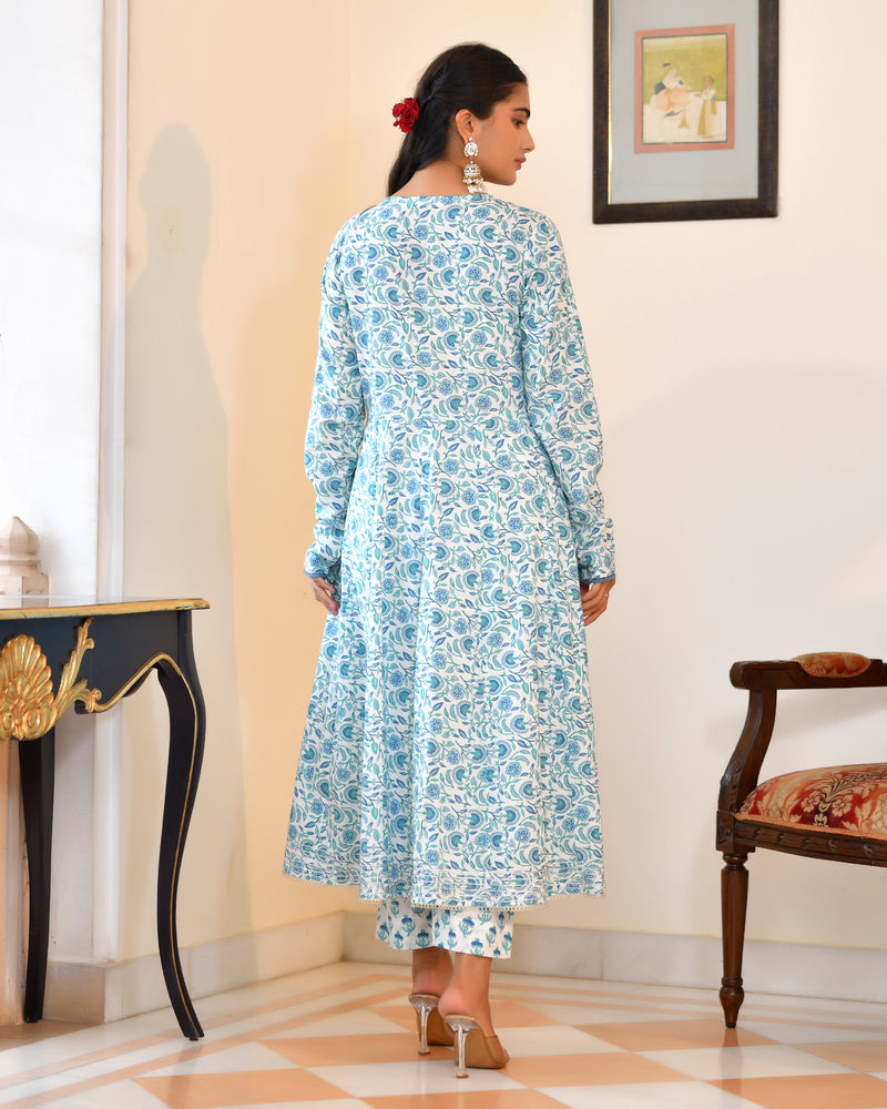 (Vaasva) Women Blue cotton anarkali suit with cotton pant & dupatta (Set of 5pc)