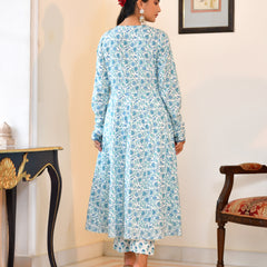(Vaasva) Women Blue cotton anarkali suit with cotton pant & dupatta (Set of 5pc)