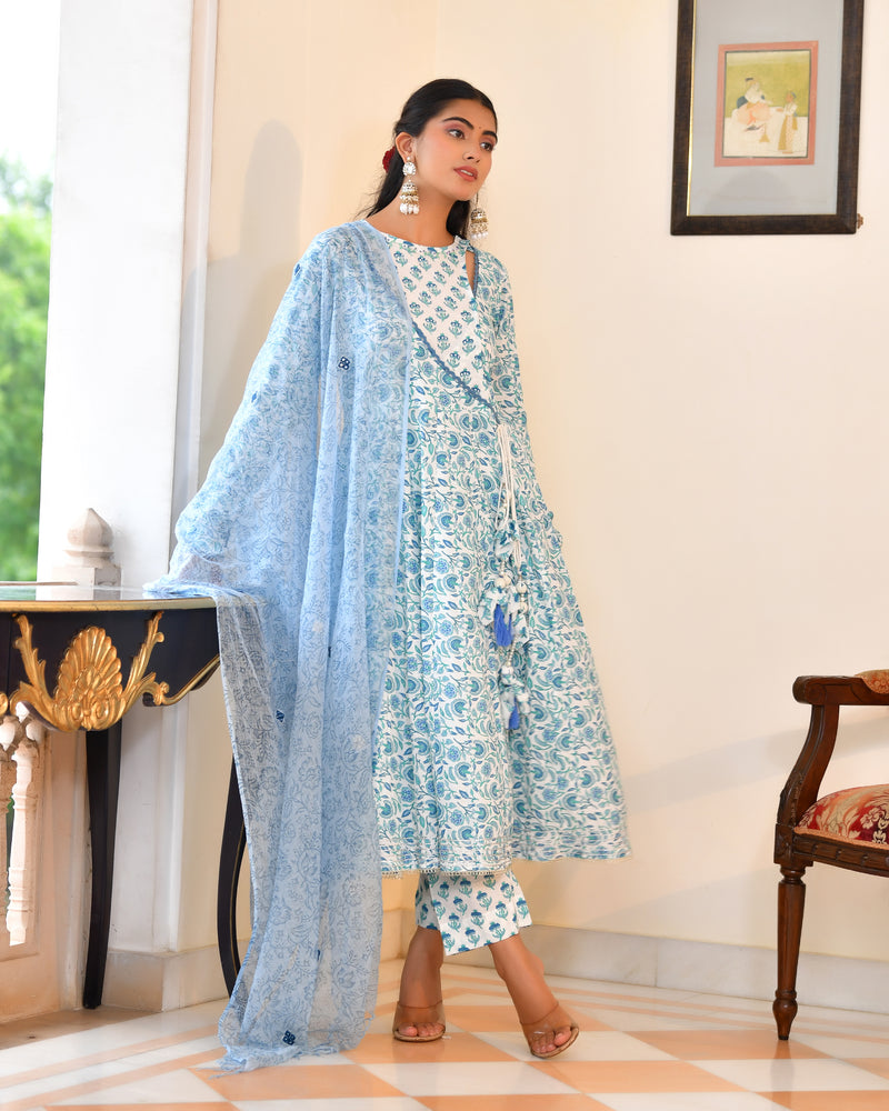 (Vaasva) Women Blue cotton anarkali suit with cotton pant & dupatta (Set of 5pc)
