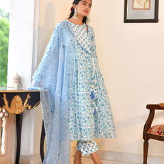 (Vaasva) Women Blue cotton anarkali suit with cotton pant & dupatta (Set of 5pc)