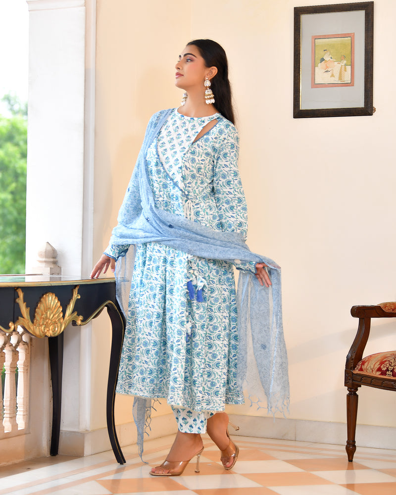 (Vaasva) Women Blue cotton anarkali suit with cotton pant & dupatta (Set of 5pc)